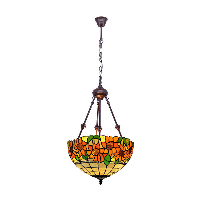 Mediterranean Red/Yellow/Orange Flower Stained Glass Kitchen Chandelier - 2-Light Ceiling Fixture