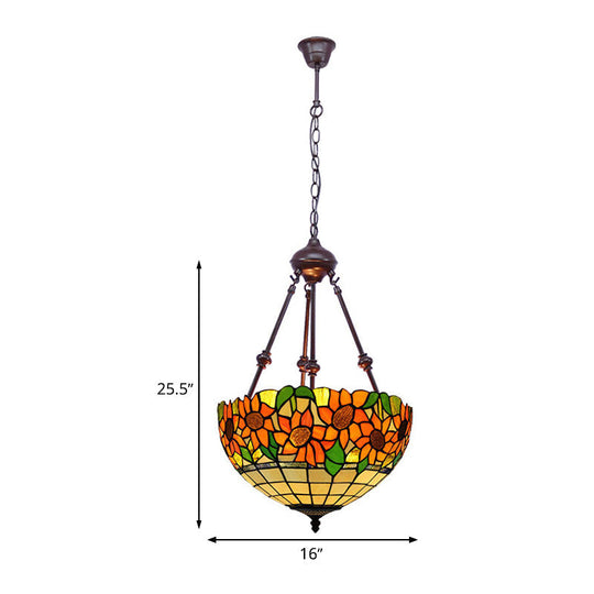 Mediterranean Red/Yellow/Orange Flower Stained Glass Kitchen Chandelier - 2-Light Ceiling Fixture