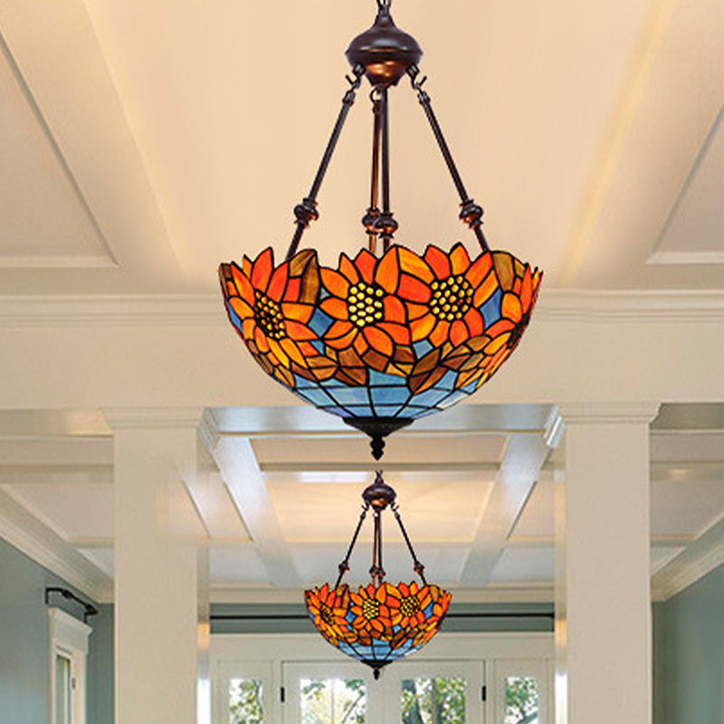 Mediterranean Red/Yellow/Orange Flower Stained Glass Kitchen Chandelier - 2-Light Ceiling Fixture