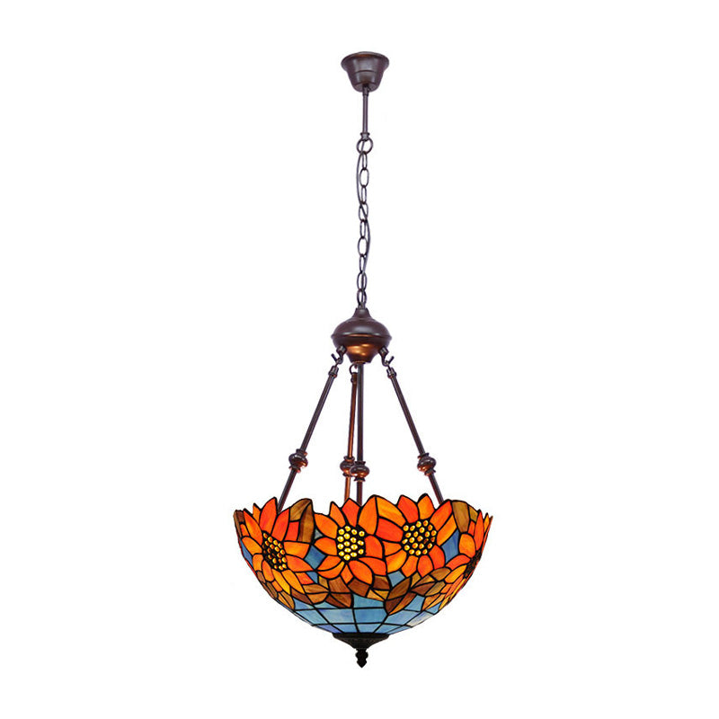 Mediterranean Red/Yellow/Orange Flower Stained Glass Kitchen Chandelier - 2-Light Ceiling Fixture