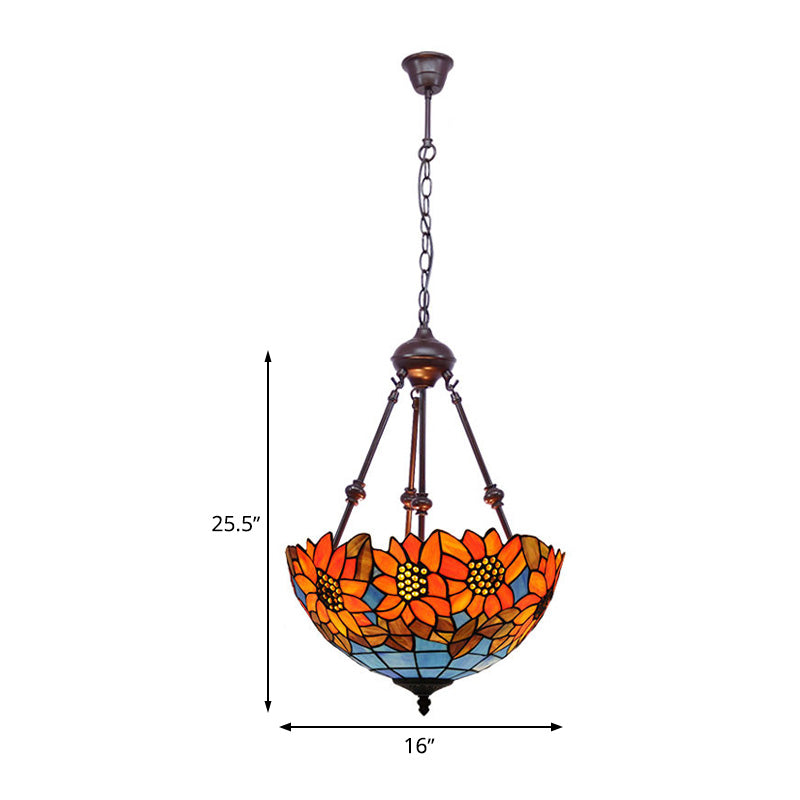 Kitchen Ceiling Chandelier - Mediterranean Red/Yellow/Orange Stained Glass With Floral Accent 2