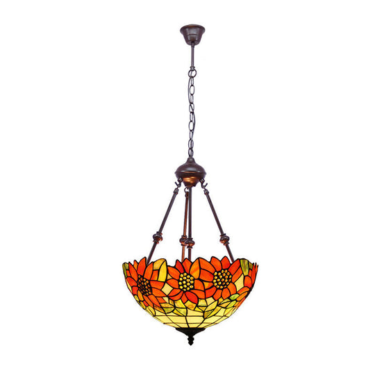 Mediterranean Red/Yellow/Orange Flower Stained Glass Kitchen Chandelier - 2-Light Ceiling Fixture