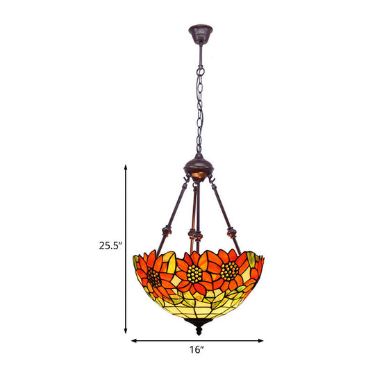 Mediterranean Red/Yellow/Orange Flower Stained Glass Kitchen Chandelier - 2-Light Ceiling Fixture