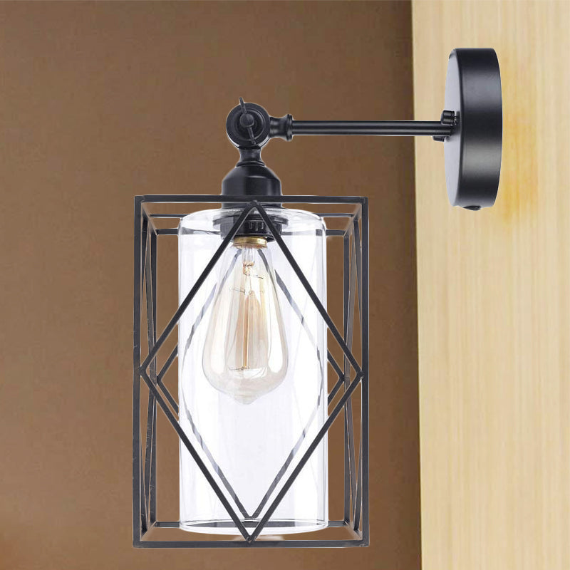 Industrial Black Caged Wall Lamp With Clear Glass Shade - Direct Wired/Plug In