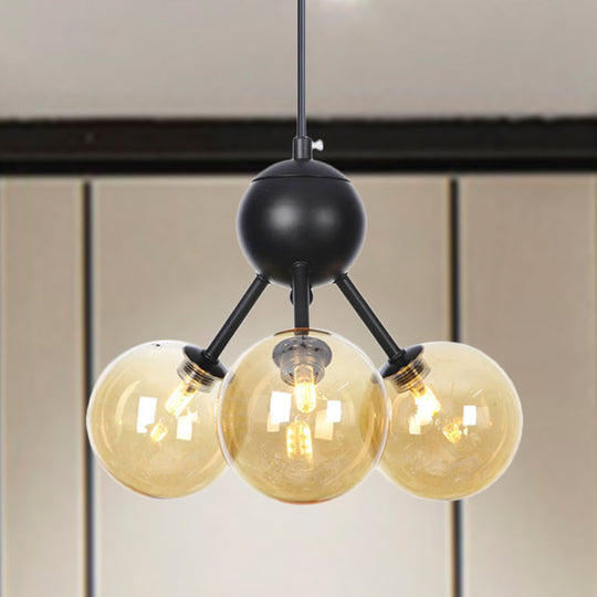 Modernist Amber Glass Ceiling Chandelier with 3-Head LED Pendant Lamp - Black