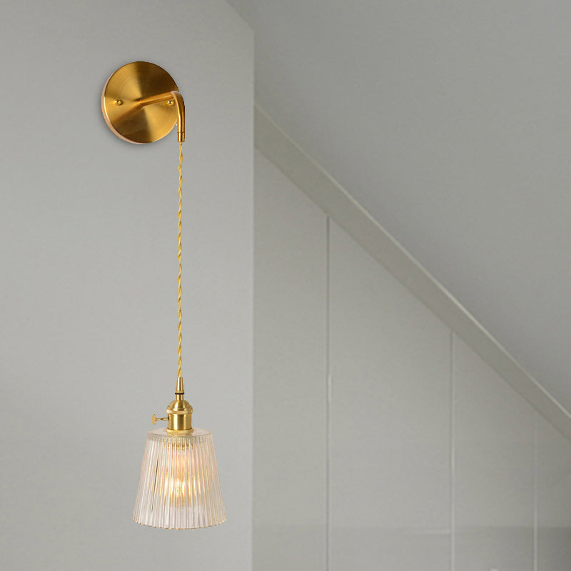 Gold 1-Head Wall Mounted Light - Clear Ribbed Glass Barrel/Bell/Drum Fixture