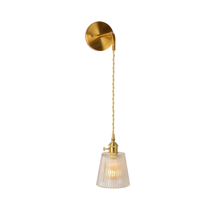 Gold 1-Head Wall Mounted Light - Clear Ribbed Glass Barrel/Bell/Drum Fixture