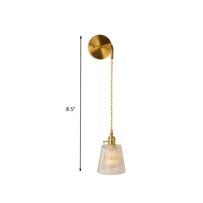 Gold 1-Head Wall Mounted Light - Clear Ribbed Glass Barrel/Bell/Drum Fixture