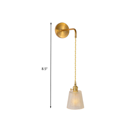 Gold 1-Head Wall Mounted Light - Clear Ribbed Glass Barrel/Bell/Drum Fixture