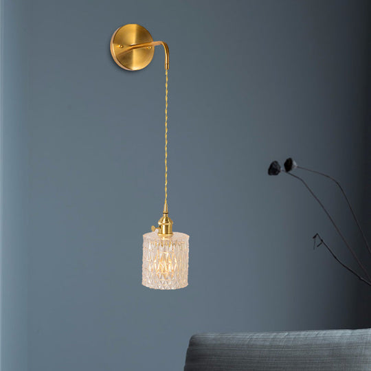 Prismatic Glass Gold Wall Sconce Led Light Fixture - Traditional Cylinder/Barrel/Flower Design /