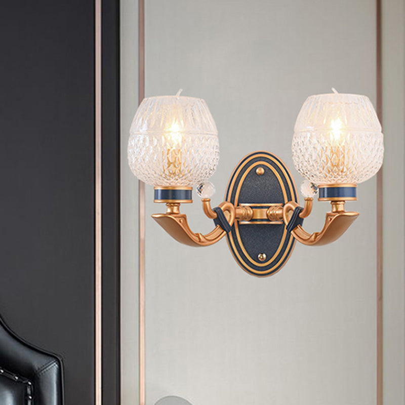 Traditionalist Wall Sconce Light With Lattice Glass In Brass For Bedroom - Led Mounted Lamp