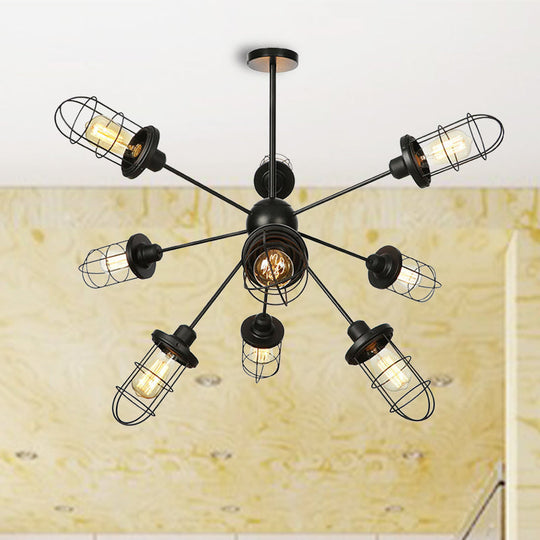 Farmhouse Style Iron Caged Chandelier - 9/12/15 Lights, Sputnik Design, Black Finish