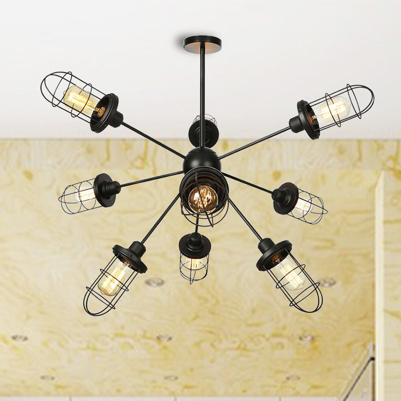 Caged Iron Chandelier - Farmhouse Style Ceiling Lamp Black Finish With Sputnik Design 9/12/15 Lights