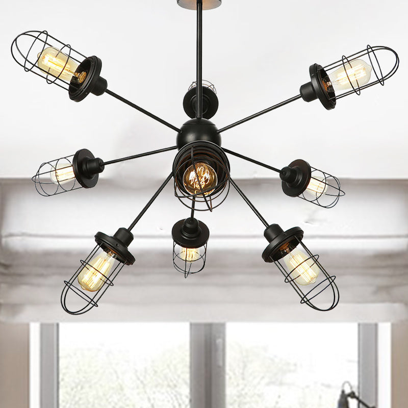 Farmhouse Style Iron Caged Chandelier - 9/12/15 Lights, Sputnik Design, Black Finish