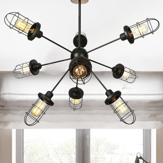 Farmhouse Style Iron Caged Chandelier - 9/12/15 Lights, Sputnik Design, Black Finish