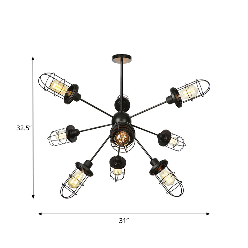 Farmhouse Style Iron Caged Chandelier - 9/12/15 Lights, Sputnik Design, Black Finish