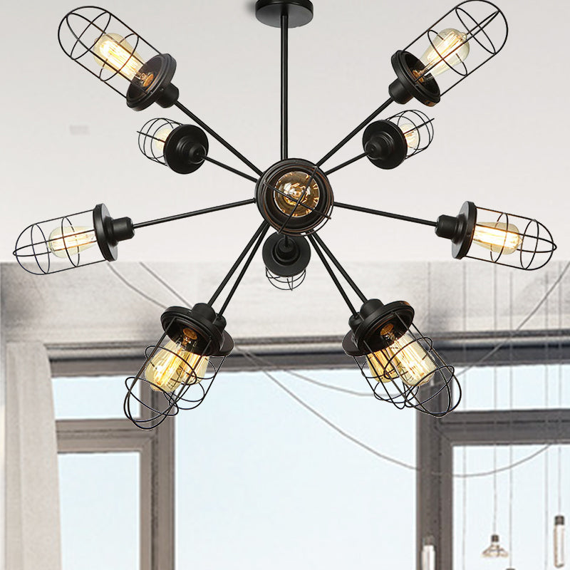 Farmhouse Style Iron Caged Chandelier - 9/12/15 Lights, Sputnik Design, Black Finish