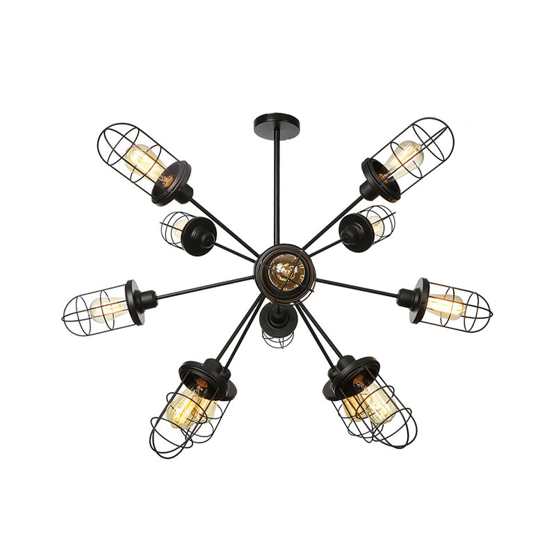 Farmhouse Style Iron Caged Chandelier - 9/12/15 Lights, Sputnik Design, Black Finish