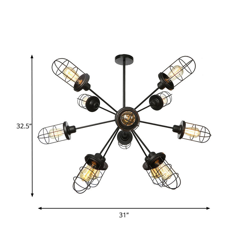 Farmhouse Style Iron Caged Chandelier - 9/12/15 Lights, Sputnik Design, Black Finish