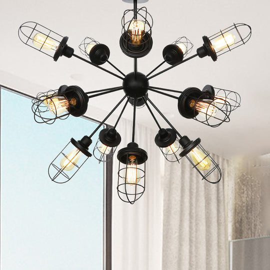 Caged Iron Chandelier - Farmhouse Style Ceiling Lamp Black Finish With Sputnik Design 9/12/15 Lights