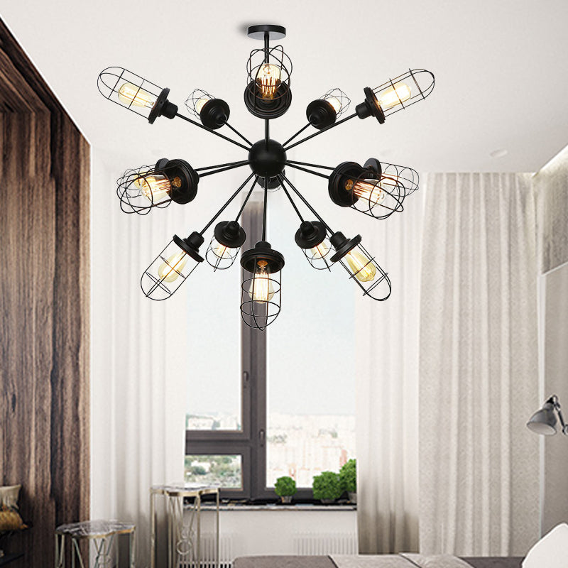 Farmhouse Style Iron Caged Chandelier - 9/12/15 Lights, Sputnik Design, Black Finish