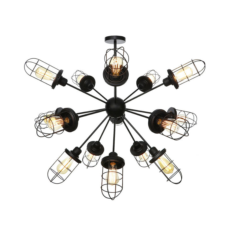 Farmhouse Style Iron Caged Chandelier - 9/12/15 Lights, Sputnik Design, Black Finish