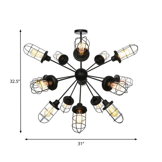 Farmhouse Style Iron Caged Chandelier - 9/12/15 Lights, Sputnik Design, Black Finish