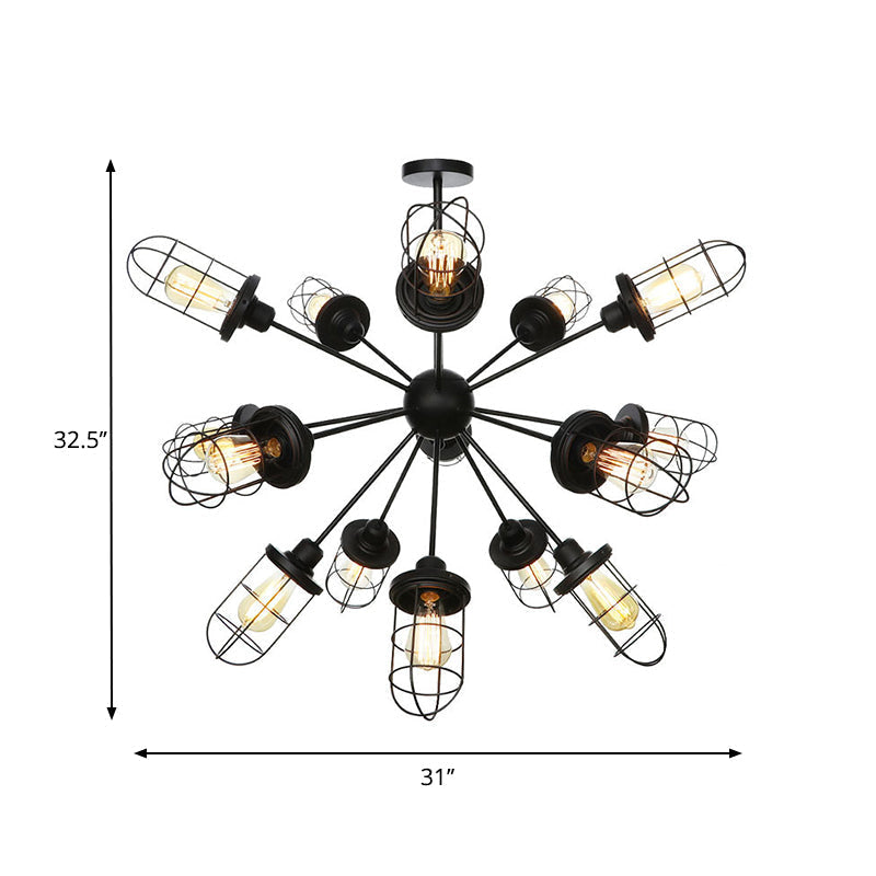 Caged Iron Chandelier - Farmhouse Style Ceiling Lamp Black Finish With Sputnik Design 9/12/15 Lights