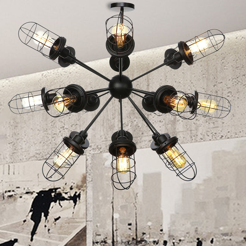 Farmhouse Style Iron Caged Chandelier - 9/12/15 Lights, Sputnik Design, Black Finish