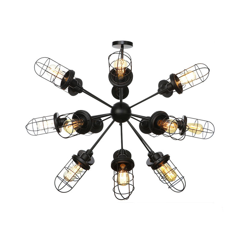 Farmhouse Style Iron Caged Chandelier - 9/12/15 Lights, Sputnik Design, Black Finish