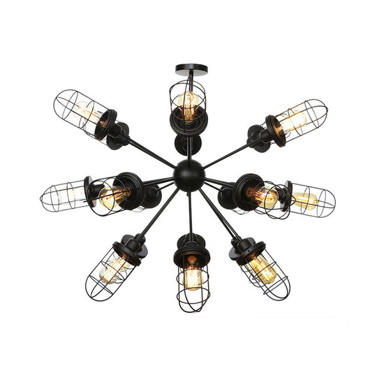 Farmhouse Style Iron Caged Chandelier - 9/12/15 Lights, Sputnik Design, Black Finish