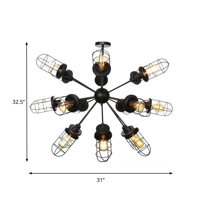 Farmhouse Style Iron Caged Chandelier - 9/12/15 Lights, Sputnik Design, Black Finish