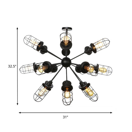 Farmhouse Style Iron Caged Chandelier - 9/12/15 Lights, Sputnik Design, Black Finish