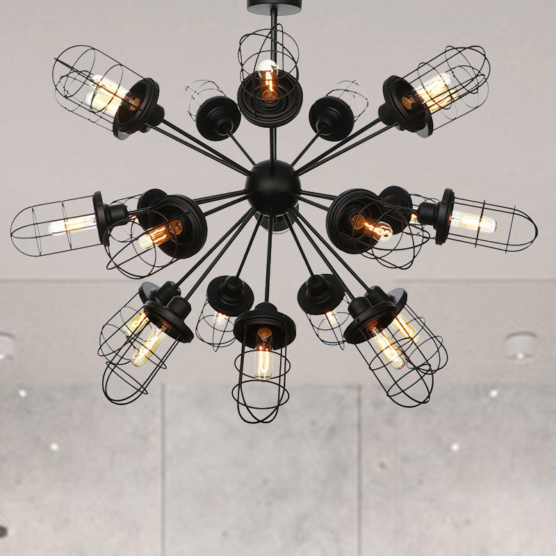 Farmhouse Style Iron Caged Chandelier - 9/12/15 Lights, Sputnik Design, Black Finish