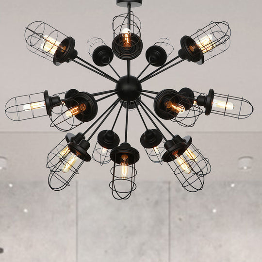 Farmhouse Style Iron Caged Chandelier - 9/12/15 Lights, Sputnik Design, Black Finish