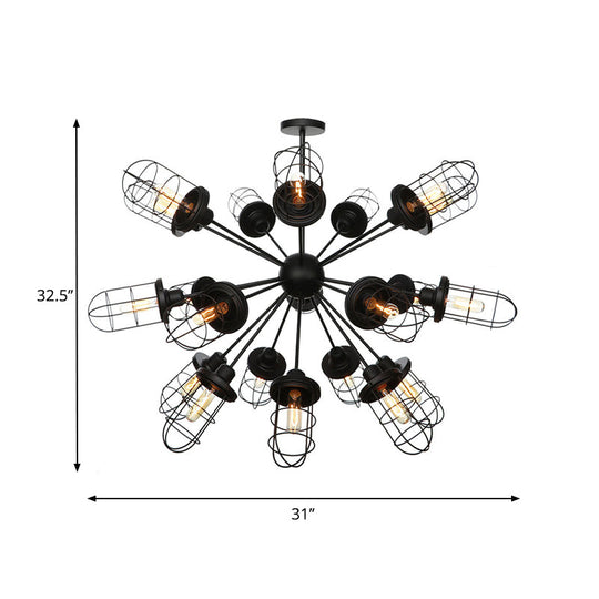 Farmhouse Style Iron Caged Chandelier - 9/12/15 Lights, Sputnik Design, Black Finish