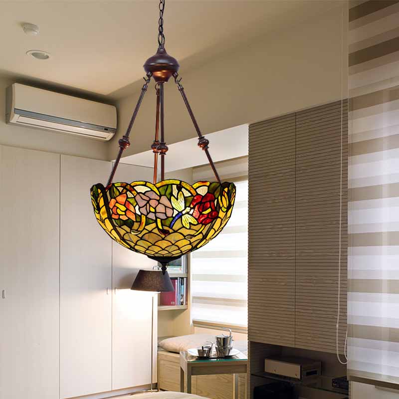 Stained Art Glass Chandelier Light - Petal Design - 2 Lights - Red/Orange/Green - Bedroom Pendant Lighting Fixture