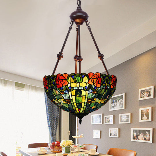 Stained Art Glass Chandelier Light - Petal Design - 2 Lights - Red/Orange/Green - Bedroom Pendant Lighting Fixture