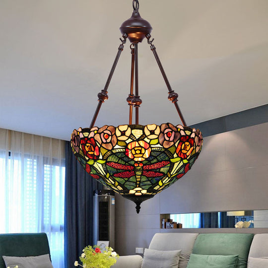 Stained Art Glass Chandelier Light - Petal Design - 2 Lights - Red/Orange/Green - Bedroom Pendant Lighting Fixture