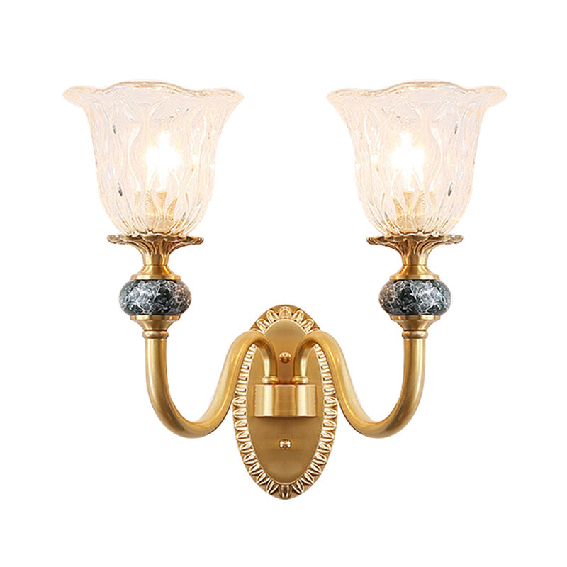 Vintage Brass Flower Bedroom Led Wall Sconce With Clear Glass - Mounted Lighting