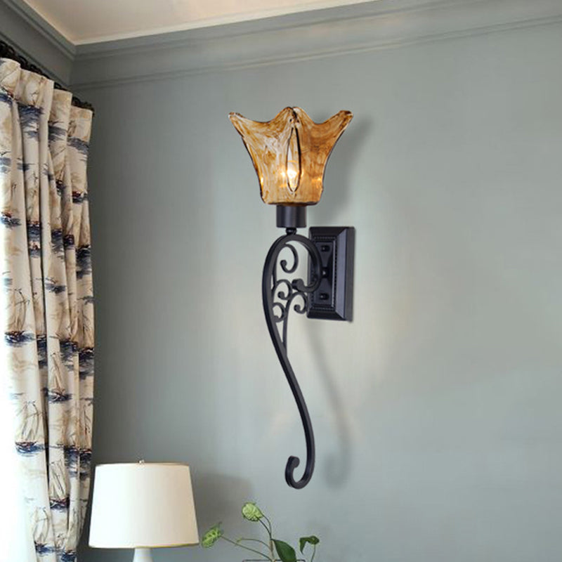 Vintage Bell Bedroom Sconce Light: Amber Glass Led Wall Mount Black 15/26 Tall