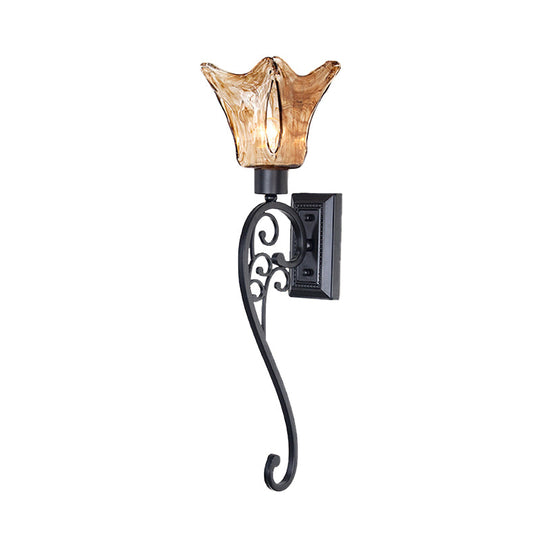 Vintage Bell Bedroom Sconce Light: Amber Glass Led Wall Mount Black 15/26 Tall