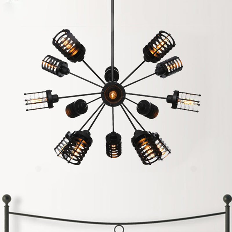 Vintage Black Chandelier Light: Starburst Metal with 9/12/15 Heads & Cylinder Frame Shade for Bedroom