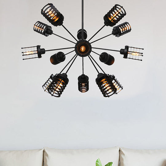 Vintage Black Chandelier Light: Starburst Metal with 9/12/15 Heads & Cylinder Frame Shade for Bedroom