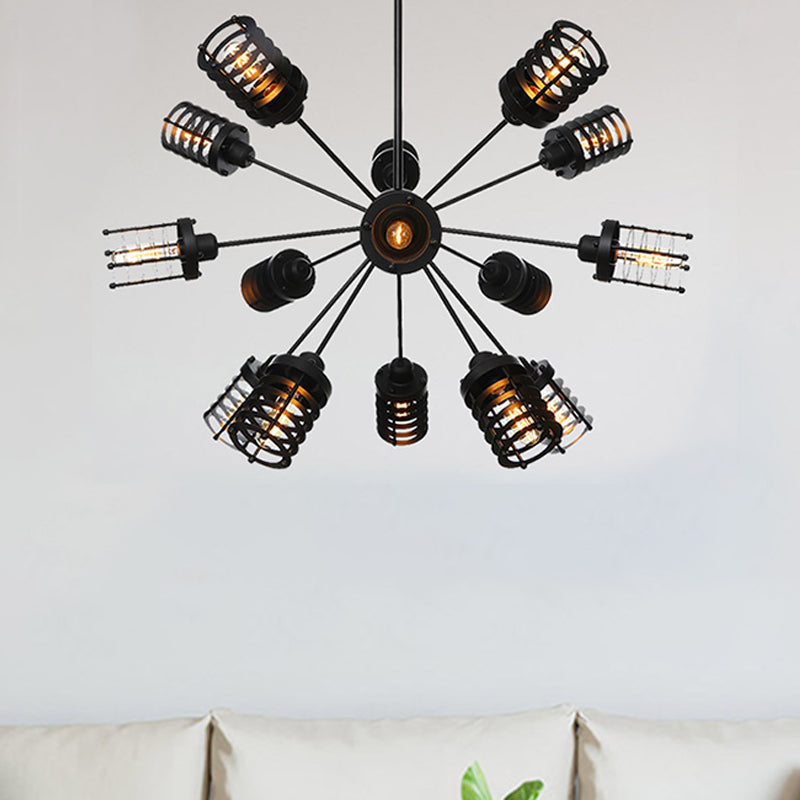 Vintage Hanging Starburst Chandelier Light With Cylinder Frame Shade - 9/12/15 Metal Heads In Black