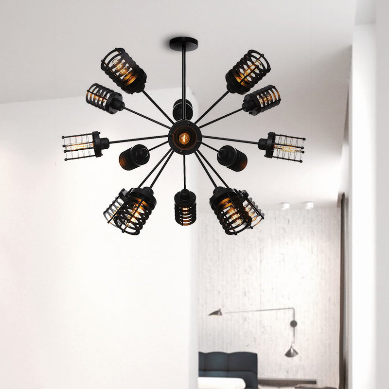 Vintage Black Chandelier Light: Starburst Metal with 9/12/15 Heads & Cylinder Frame Shade for Bedroom