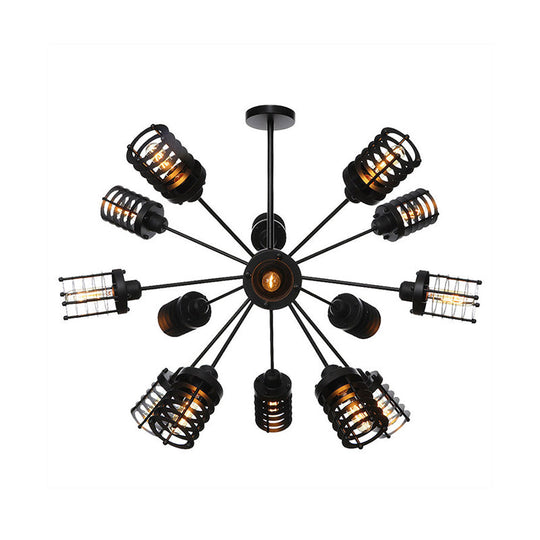 Vintage Black Chandelier Light: Starburst Metal with 9/12/15 Heads & Cylinder Frame Shade for Bedroom