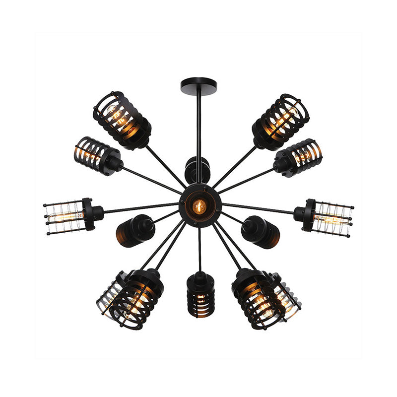 Vintage Hanging Starburst Chandelier Light With Cylinder Frame Shade - 9/12/15 Metal Heads In Black