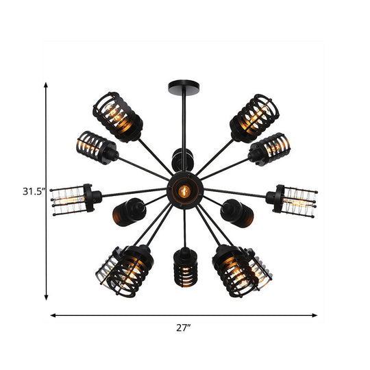 Vintage Black Chandelier Light: Starburst Metal with 9/12/15 Heads & Cylinder Frame Shade for Bedroom