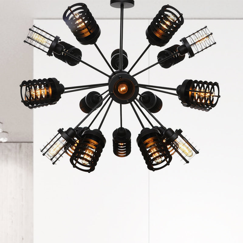 Vintage Black Chandelier Light: Starburst Metal with 9/12/15 Heads & Cylinder Frame Shade for Bedroom